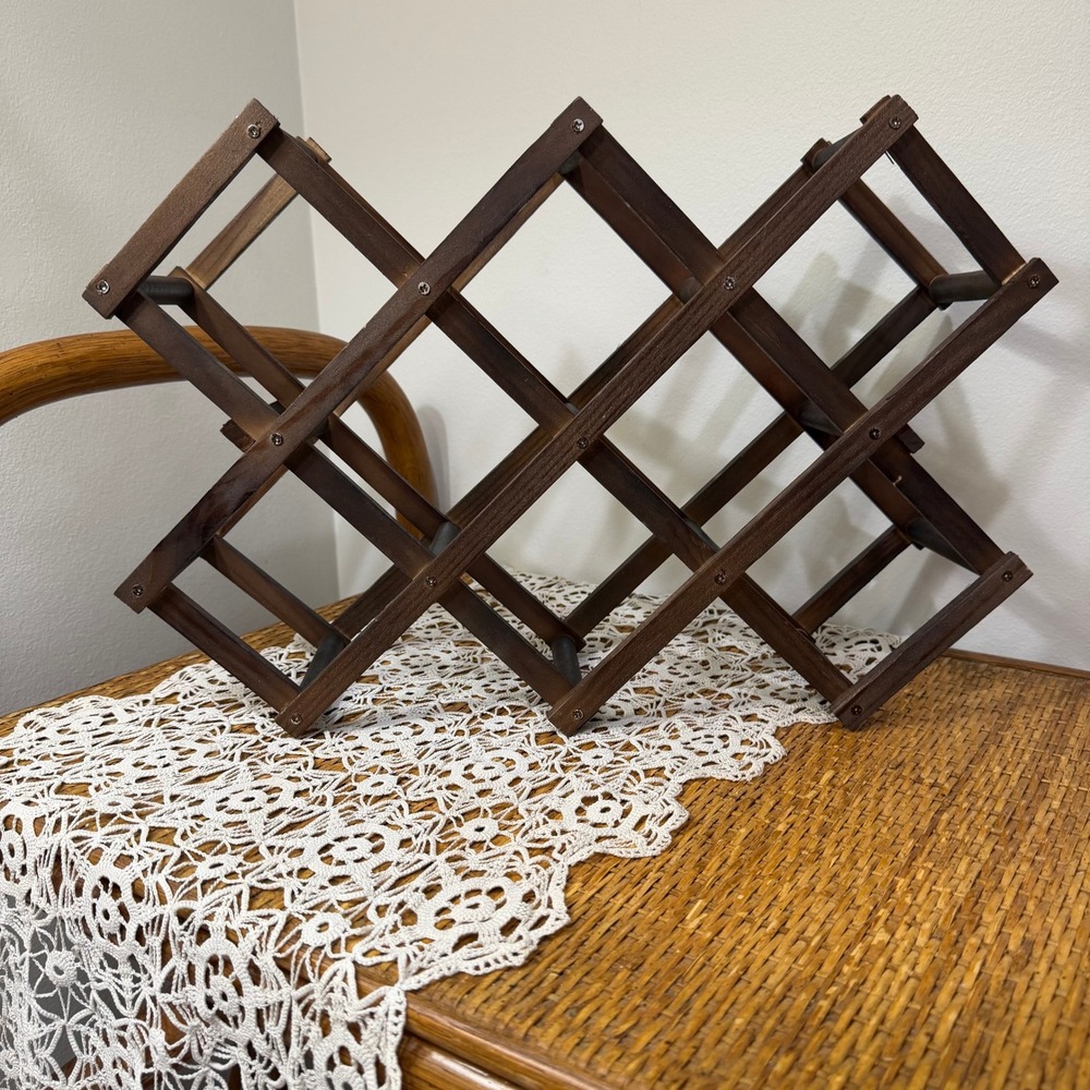 Vintage Expandable Wooden Wine Rack 10 Bottle Holder Accordion Folding Dark Wood